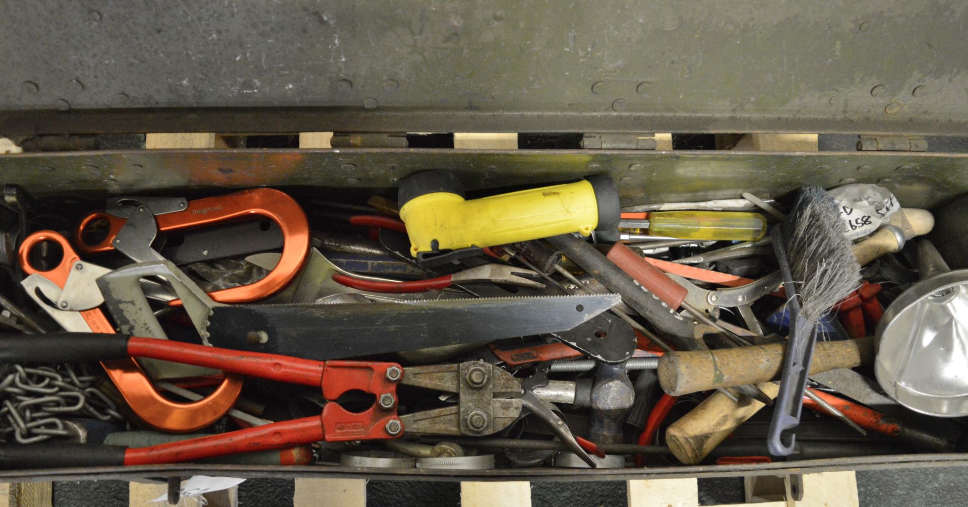 Toolbox with Saws, Hammers, Screwdrivers, Bolt Cutter, Pliers. - Image 2 of 2