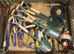 Pick Heads. Wrecking Bar. 7x New Shovels. Bolt Cutter, Axe. Sledge Hammer. Inflator Gauge