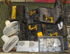 Dewalt drills, office fans, 3x Dimplex heaters, Trip switches