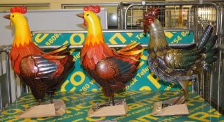 3x Garden ornamental farm animals - 2 Hens, 1 Cockerel