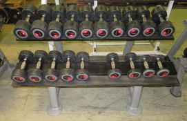 9 Pairs Of Life Fitness Rubber Coated Dumbbells & 2 Tier Rack. 2kg - 20kg.