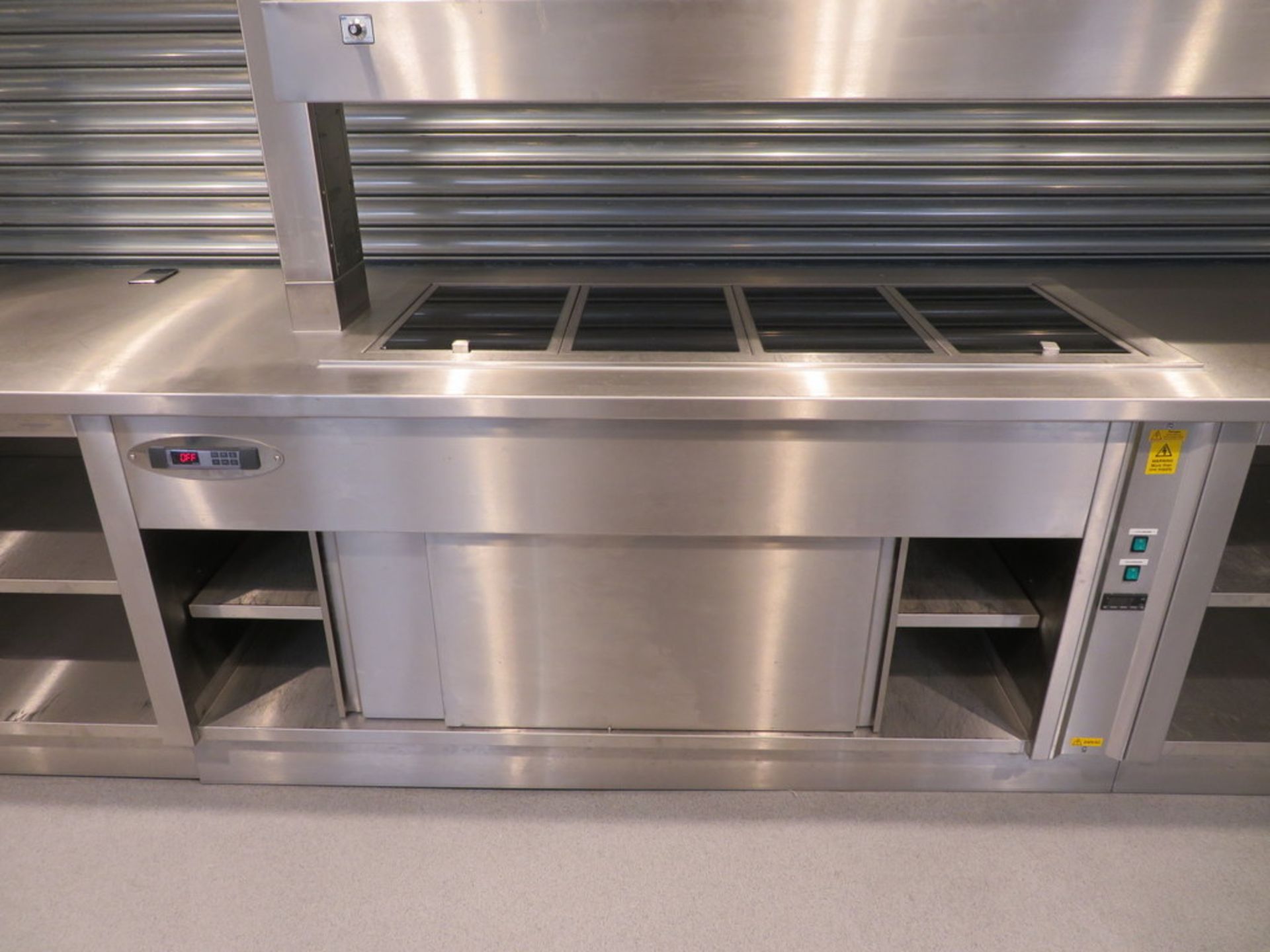 BUILT IN STAINLESS STEEL HOT FOOD COUNTER WITH TWIN SERVERIES - Image 6 of 12