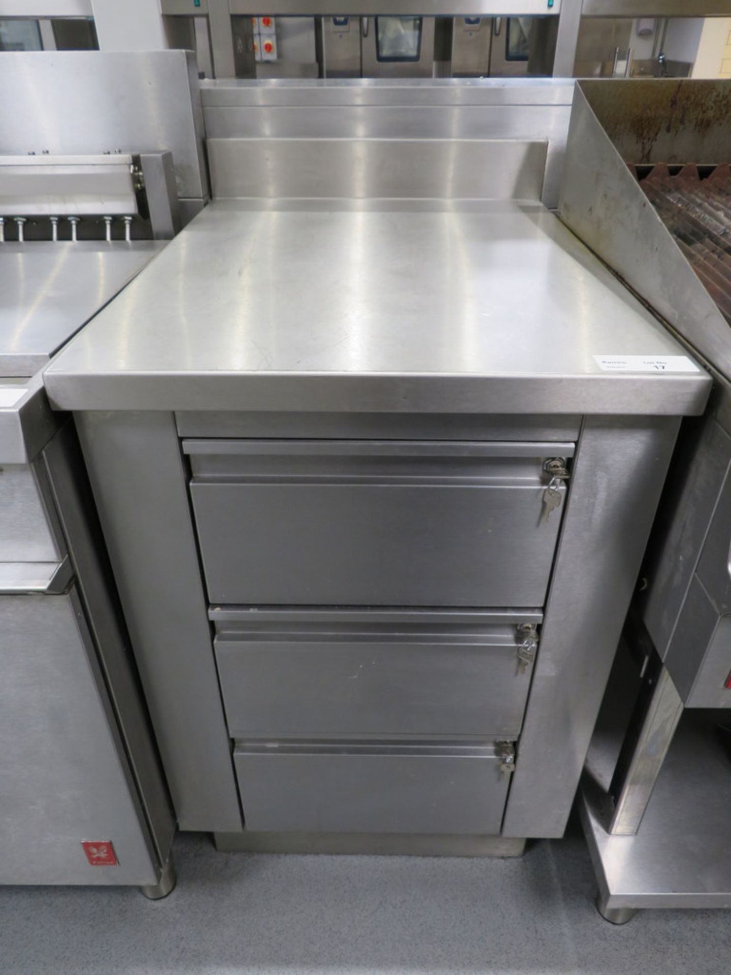 STAINLESS STEEL THREE-DRAWER PREP UNIT WITH SPLASHBACK