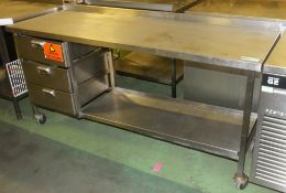 Stainless steel table on wheels with 3 drawers - 180 x 60cm