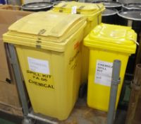 2x Rubibsh Wheelie bins large yellow, Rubbish wheelie bin medium yellow