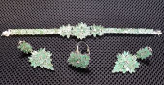 Silver & Emerald Jewellery Set To Include - Bracelet, Earrings & Ring.