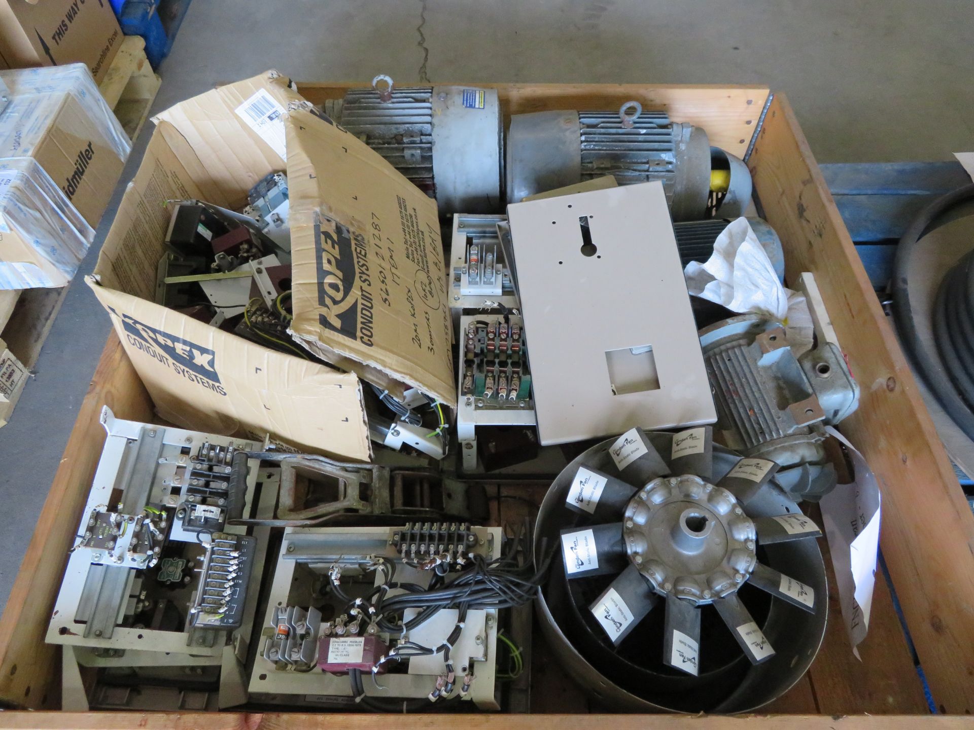 ASSORTED ELECTRICAL SPARES INCLUDING MOTORS, ANTI-STATIC FAN, ETC