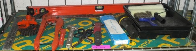 Hand Tools - Spirit Level, Torch, spanner, pipe wrench, paint tray & roller