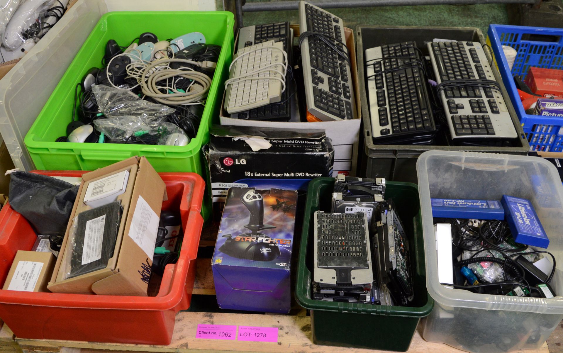 Pallet of Computer Peripherals inc Keyboards, Mice, Joystick, Hard Drives.