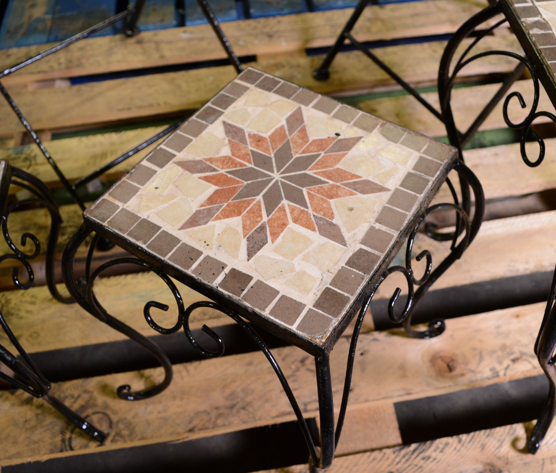 2x Black Painted Iron Chairs & Nest of Tiled Tables. - Image 2 of 3