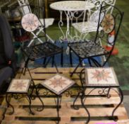 2x Black Painted Iron Chairs & Nest of Tiled Tables.