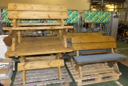 Pine Table & 4x Benches with 7x Seat/Back Cushions,