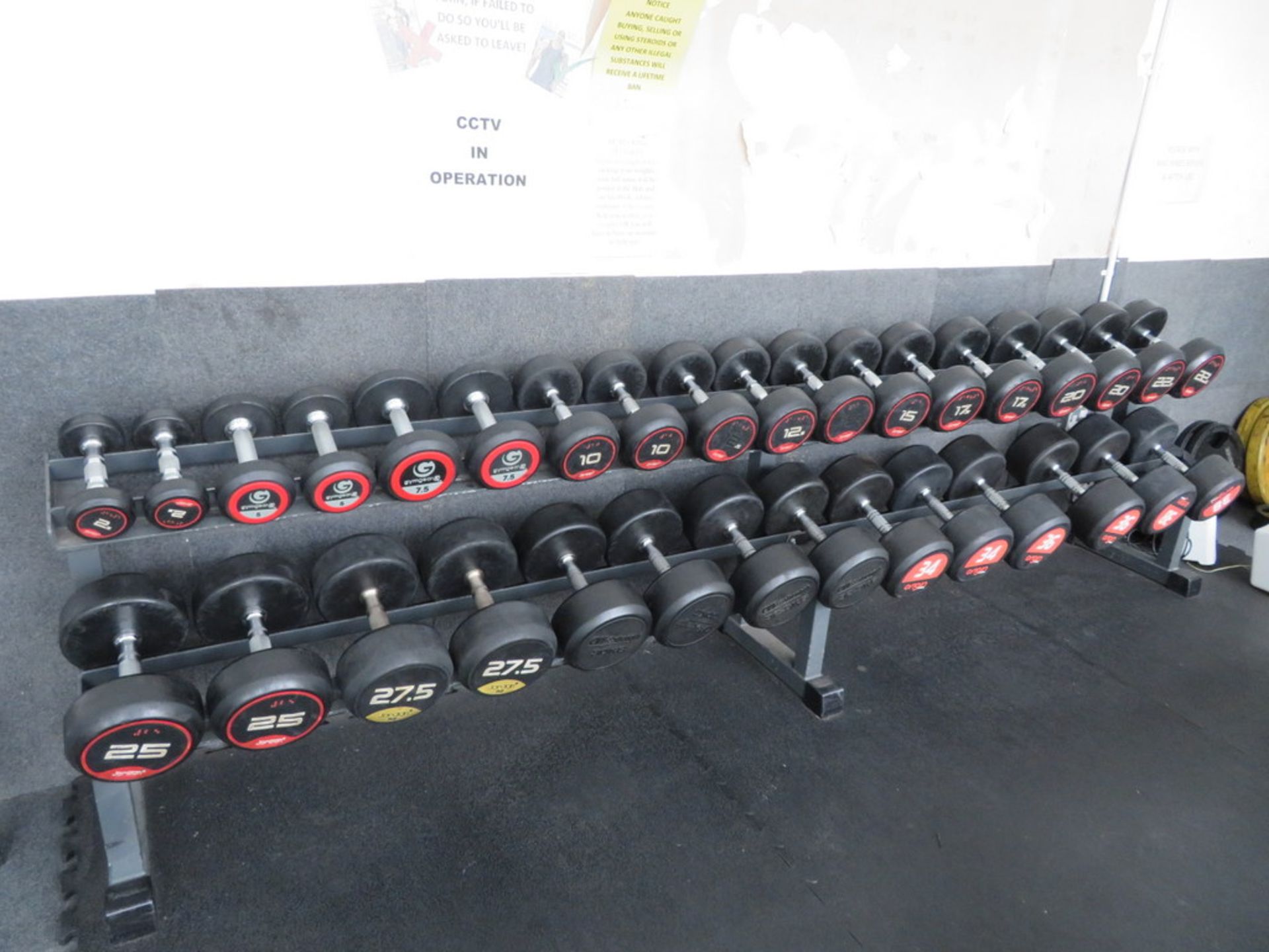 16 X PAIRS OF DUMBELLS AND TWO TIER RACK