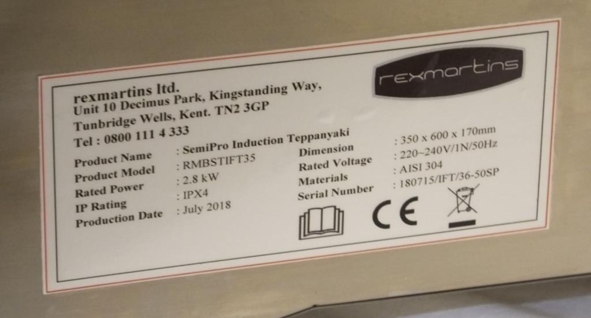 Rexmartins Model RMBSTIFT35 SemiPro Induction Teppanyaki, 70x45x24cm, New & Boxed - Image 2 of 3