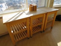 3 X MOBILE WOODEN CHOPPING BOARD TYPE TROLLEYS