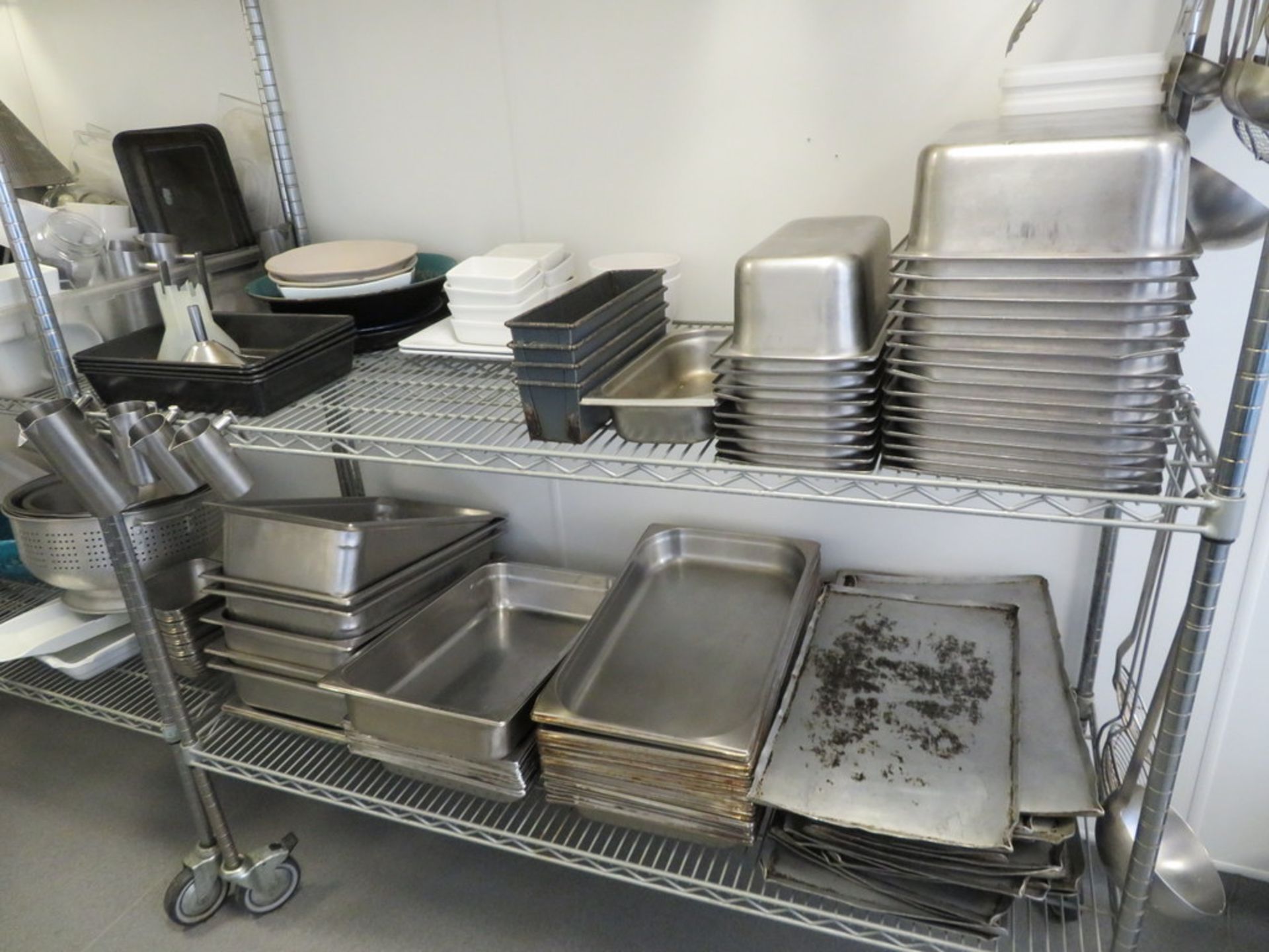 2 X LARGE MOBILE METAL THREE TIER RACKS AND LARGE QTY KITCHEN EQUIP - Image 2 of 5