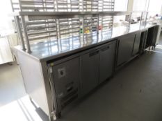 LARGE STAINLESS STEEL SERVING COUNTER AND HOT CUPBOARD WITH OVERSHELF/HOT LAMPS
