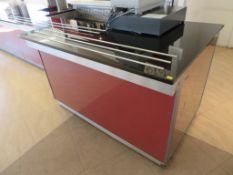 BURGUNDY AND STAINLESS STEEL MARBLE TOP MOBILE TILL STAND