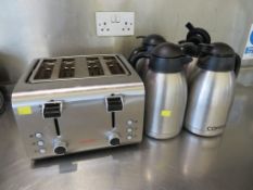 CATERLITE STAINLESS STEEL FOUR SLICE TOASTER AND 4 X STAINLESS STEEL COFFEE POTS