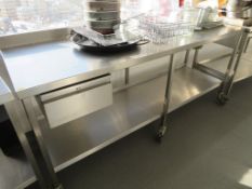 MOBILE STAINLESS STEEL PREP TABLE WITH SPLASHBACK, UNDERTIER AND DRAWER