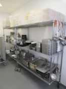 2 X LARGE MOBILE METAL THREE TIER RACKS AND LARGE QTY KITCHEN EQUIP