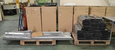 Racking Upright x4 Front & Back Beams x4. Side Rails x6. Shelf Sections x27. Shelf Section