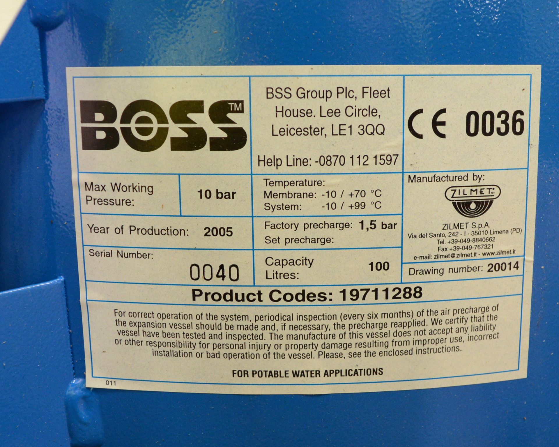 Boss 100ltr Expansion Vessel - Max Working Pressure 10bar. - Image 2 of 2