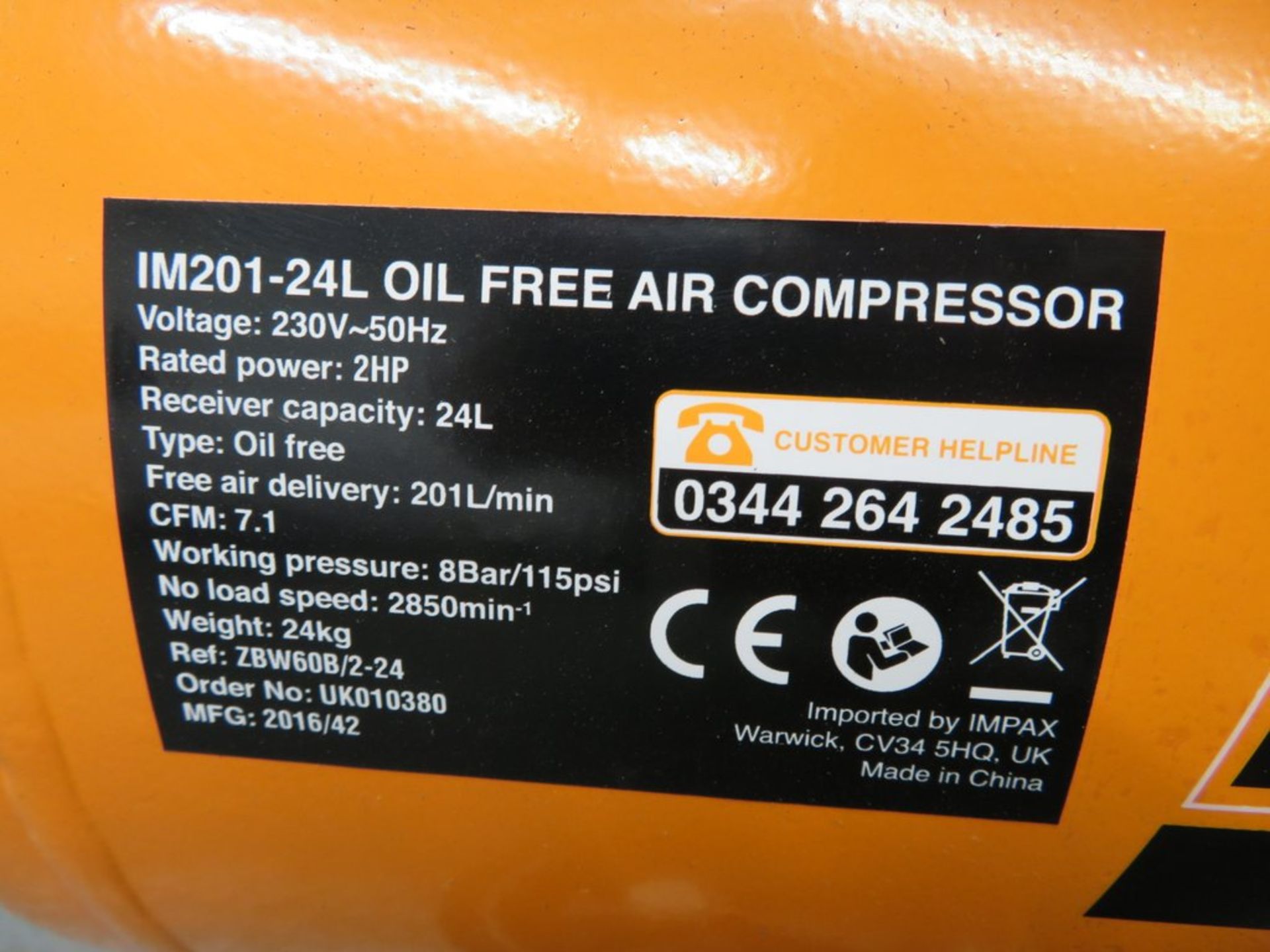 Impax 24 Litre Electrical Air Compressor. Model: IM201-24L. Oil Free. 230v. - Image 4 of 11