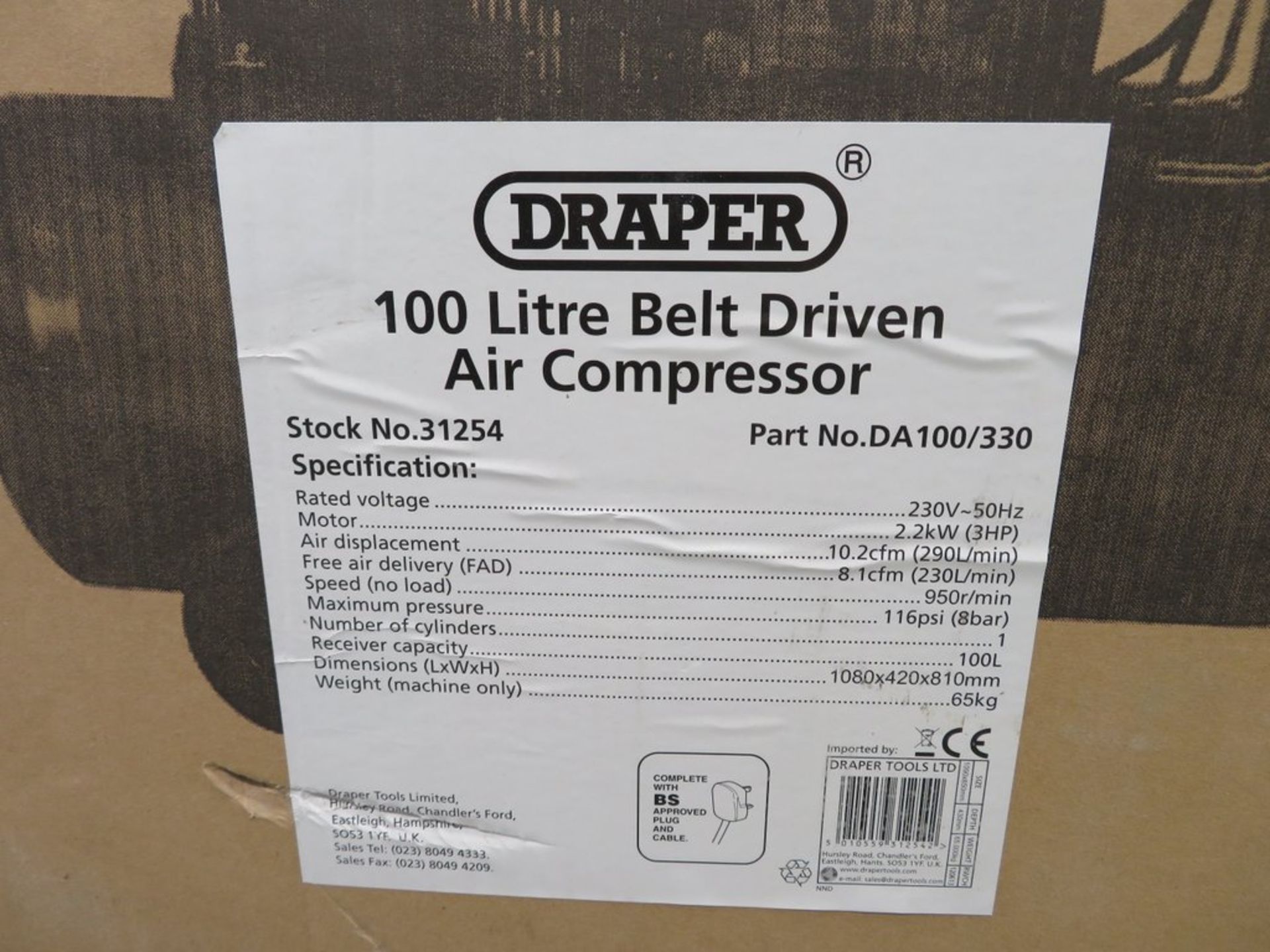 Draper 100 Litre Air Compressor, 3HP Belt Driven. Model: DA100/330 31254. - Image 12 of 12