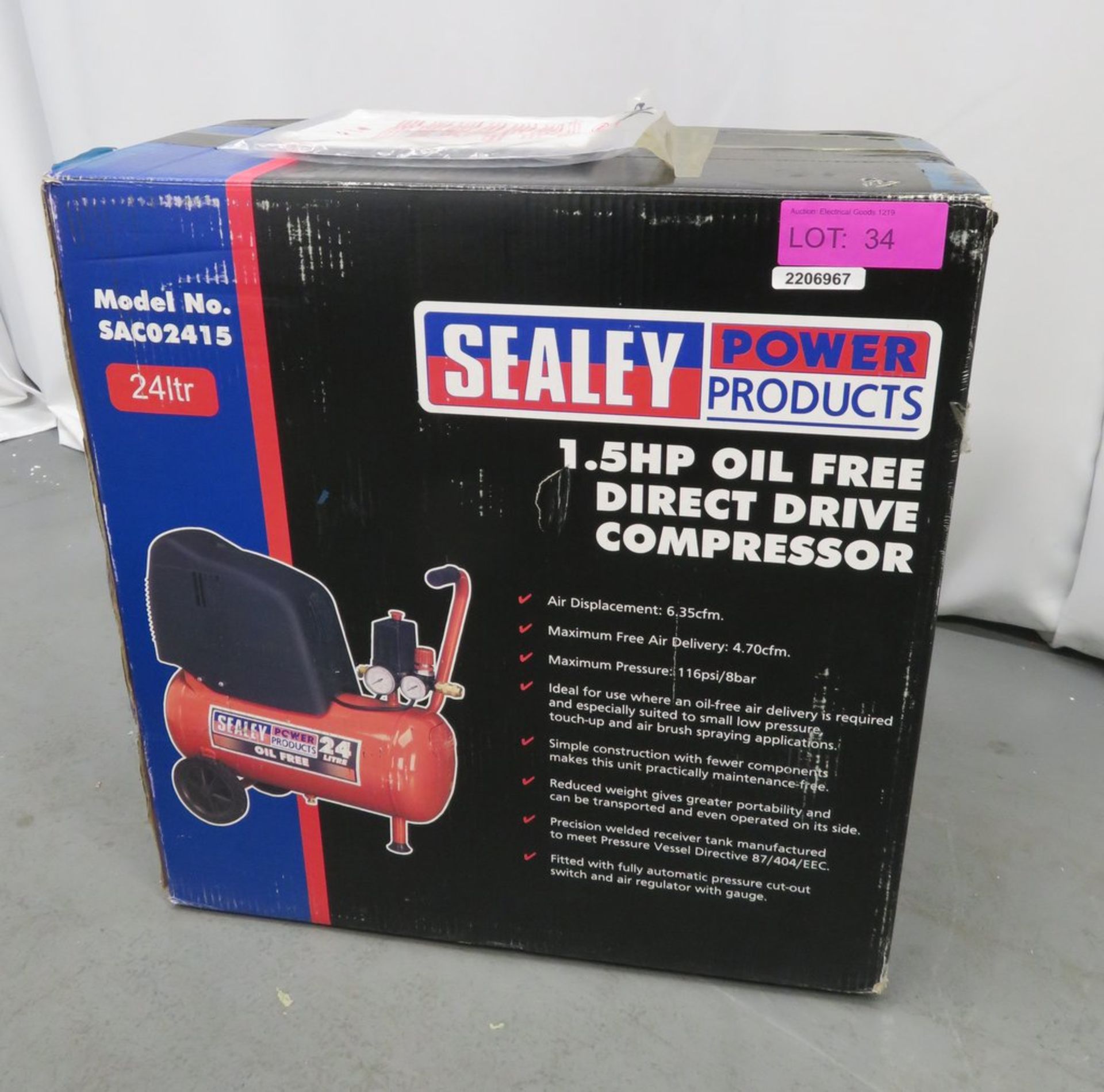 Sealey 24 Litre Electrical Compressor Belt Drive 1.5hp Oil Free. Model: SAC02415. - Image 9 of 10