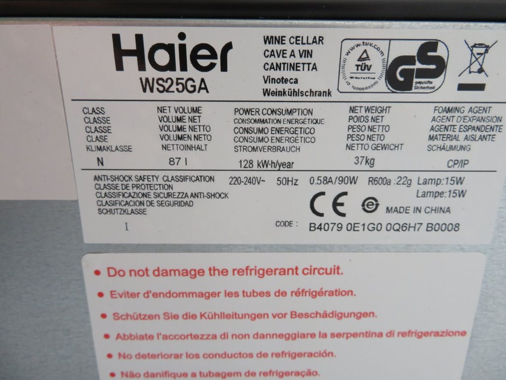 Haier 25 Bottle Under Worktop Wine Cooler. Model: WS25GA. 220-240v. - Image 10 of 12