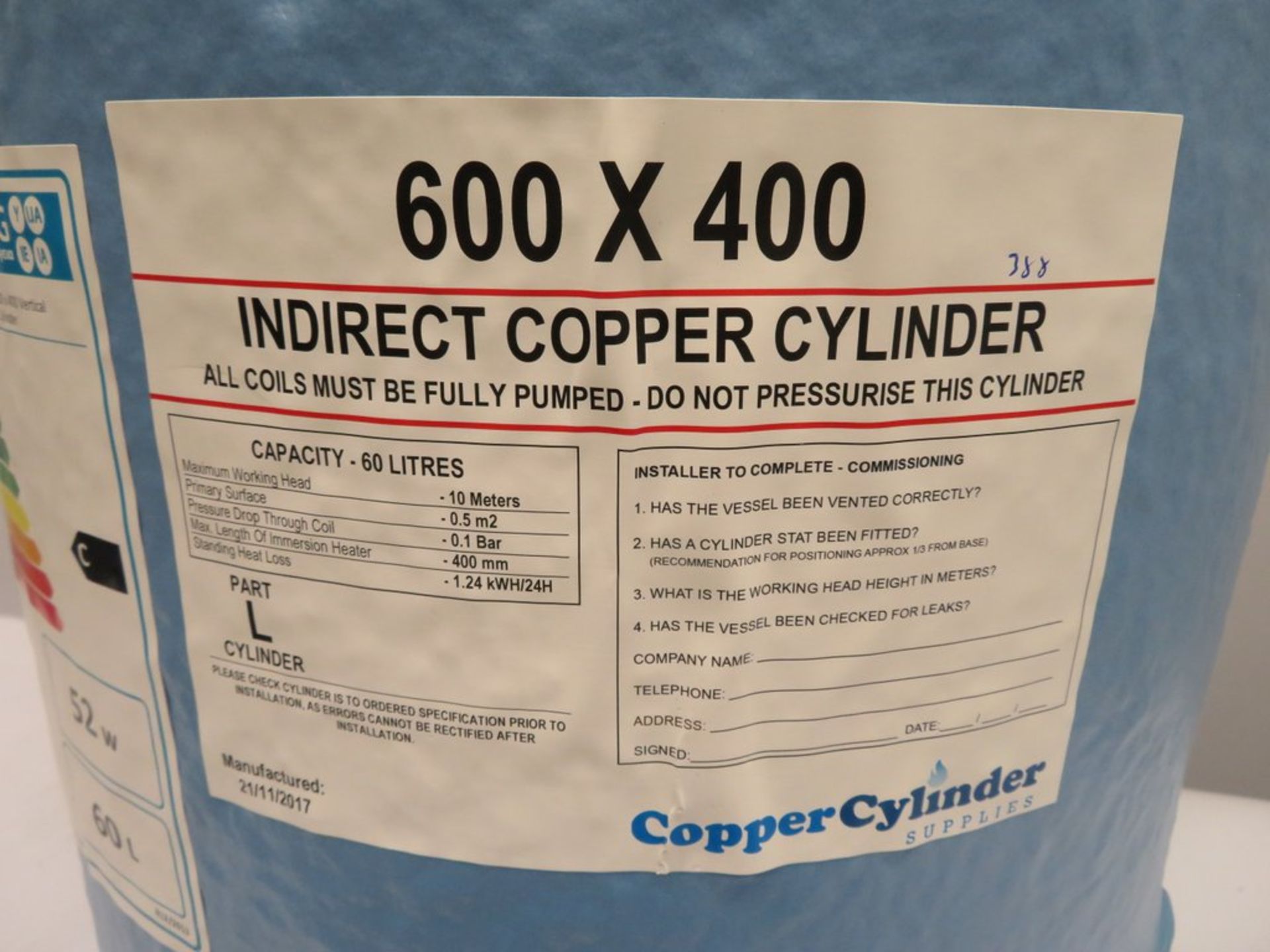 Indirect Copper Cylinder Hot Water Tank. 600 x 400. 60L Capacity. - Image 5 of 7