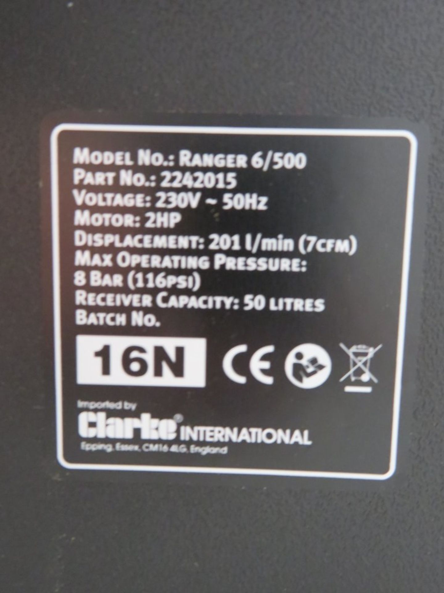 Clarke 7cfm 50Litre 2HP Oil Free Air Compressor. Model: Ranger 6/500. 230v. - Image 8 of 11