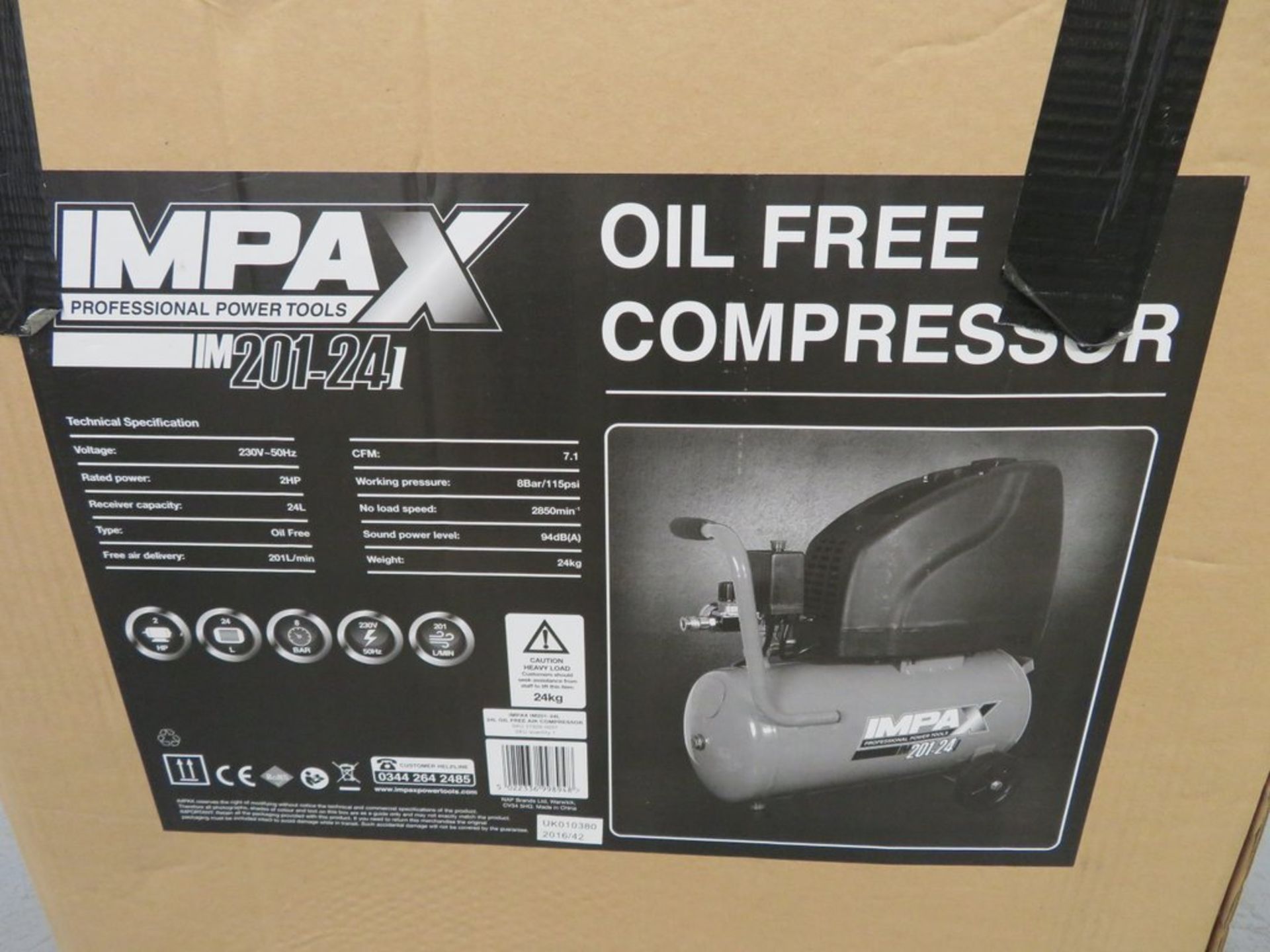 Impax 24 Litre Electrical Air Compressor. Model: IM201-24L. Oil Free. 230v. - Image 9 of 11