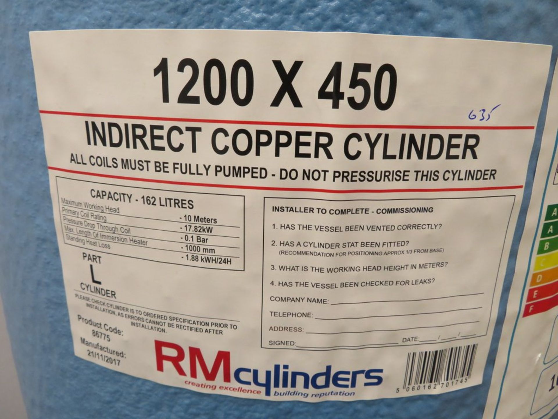 Indirect Copper Cylinder Hot Water Tank. 1200 x 450. 162L Capacity. - Image 4 of 6