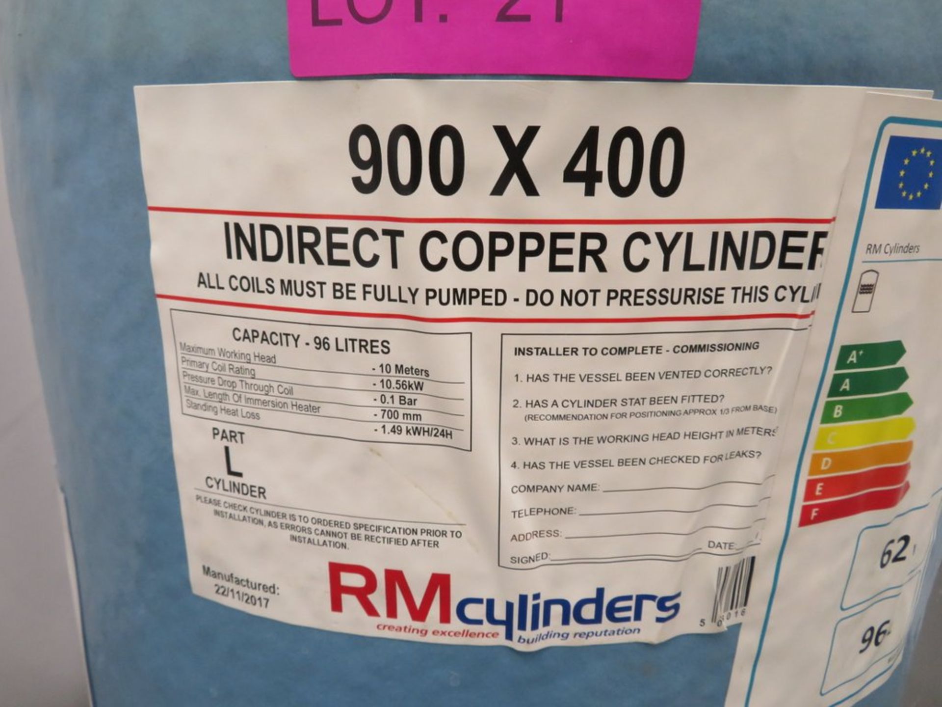 Indirect Copper Cylinder Hot Water Tank. 900 x 400. 96L Capacity. - Image 4 of 5