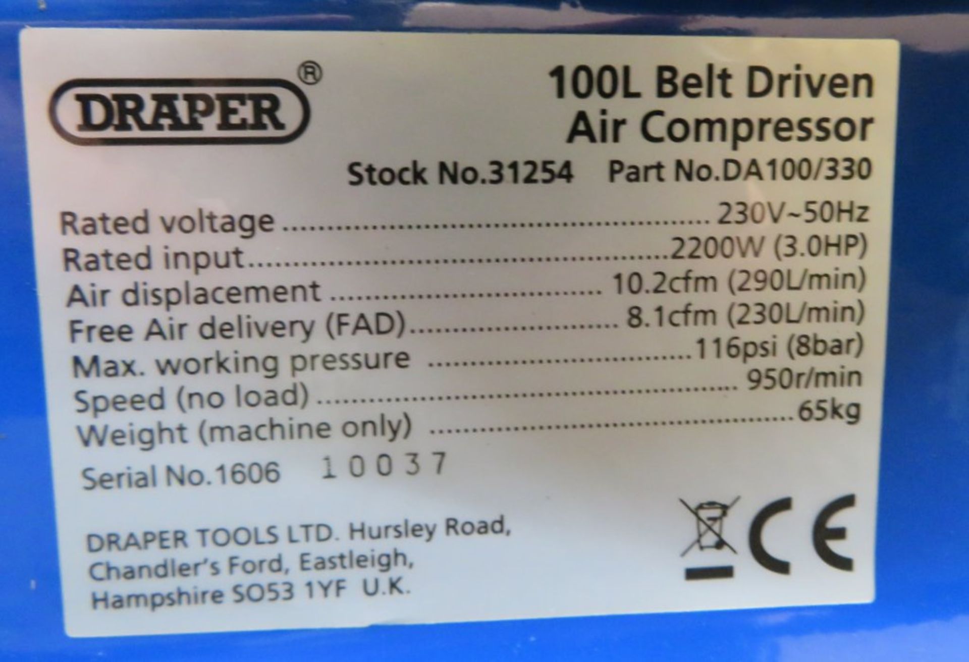 Draper 100 Litre Air Compressor, 3HP Belt Driven. Model: DA100/330 31254. - Image 10 of 12