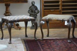 A pair of Queen Anne Revival walnut stools, c. 1900, each with a shaped rectangular drop-in seat