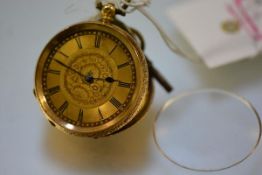 An 18ct gold open face pocket watch, the gilt dial with Roman numerals, the case with foliate