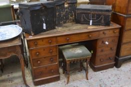 A Victorian mahogany pedestal desk, the moulded leather-inset rectangular top (losses to leather),