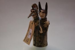 Amanda Popham (b. 1954), Two Headed Bottle - Bird and Rabbit, glazed earthenware, signed and dated