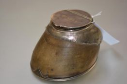 Taxidermy: a late Victorian silver-plate mounted horse's hoof inkwell by Roland Ward, the hinged