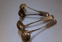 Two pairs of George III Scottish silver sauce ladles, maker's mark DM, Edinburgh 1818, fiddle