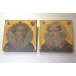 A pair of Arts & Crafts painted panels, early 20th century, depicting Elizabeth I and Mary Queen