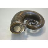 A silver (unmarked) mounted ram's horn snuff mull, c. 1800, the hinged cover with cartouche engraved