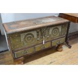 A 19th century brass mounted teak "Zanzibar" chest, the hinged cover with geometric stud