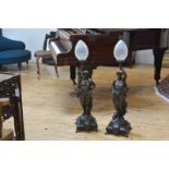 A handsome pair of patinated bronze figural lamps in late 19th century style, each moulded as a