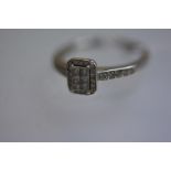 A diamond cluster ring, pave set with a central plaque of six round brilliants within a band of