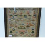 A 19th century needlework sampler, Betsy Nichol, 1882, worked in colours with alphabet, birds and