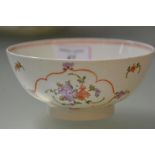 A Lowestoft porcelain bowl, c. 1780/90, enamel painted with a pair of cartouches enclosing floral